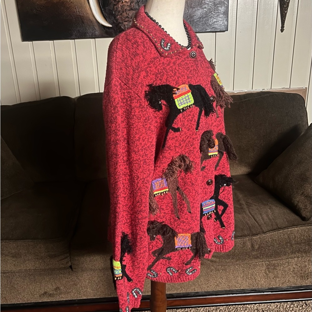 Designs Options By Gordon ~ X-Large ~ Red/Brown ~ Western/ Horse ~ Sweater ~ New - Picture 7 of 16